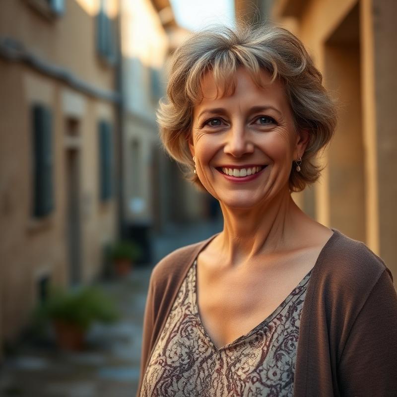 Sylvie, habitante d'un village de Provence, souriante dans une ruelle