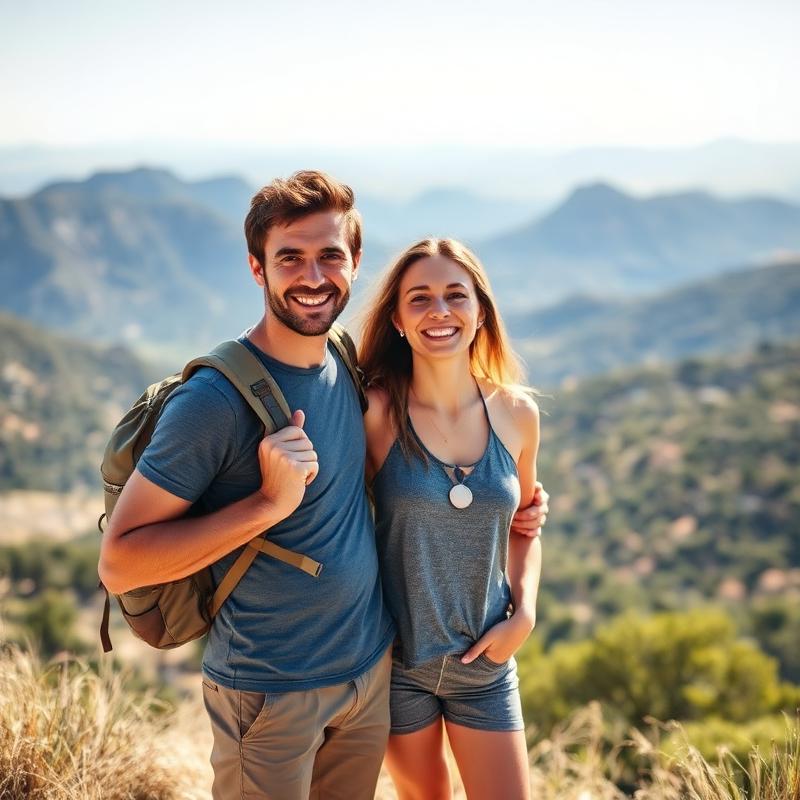 Julien et Marion, couple de touristes, devant un panorama de montagnes provençales